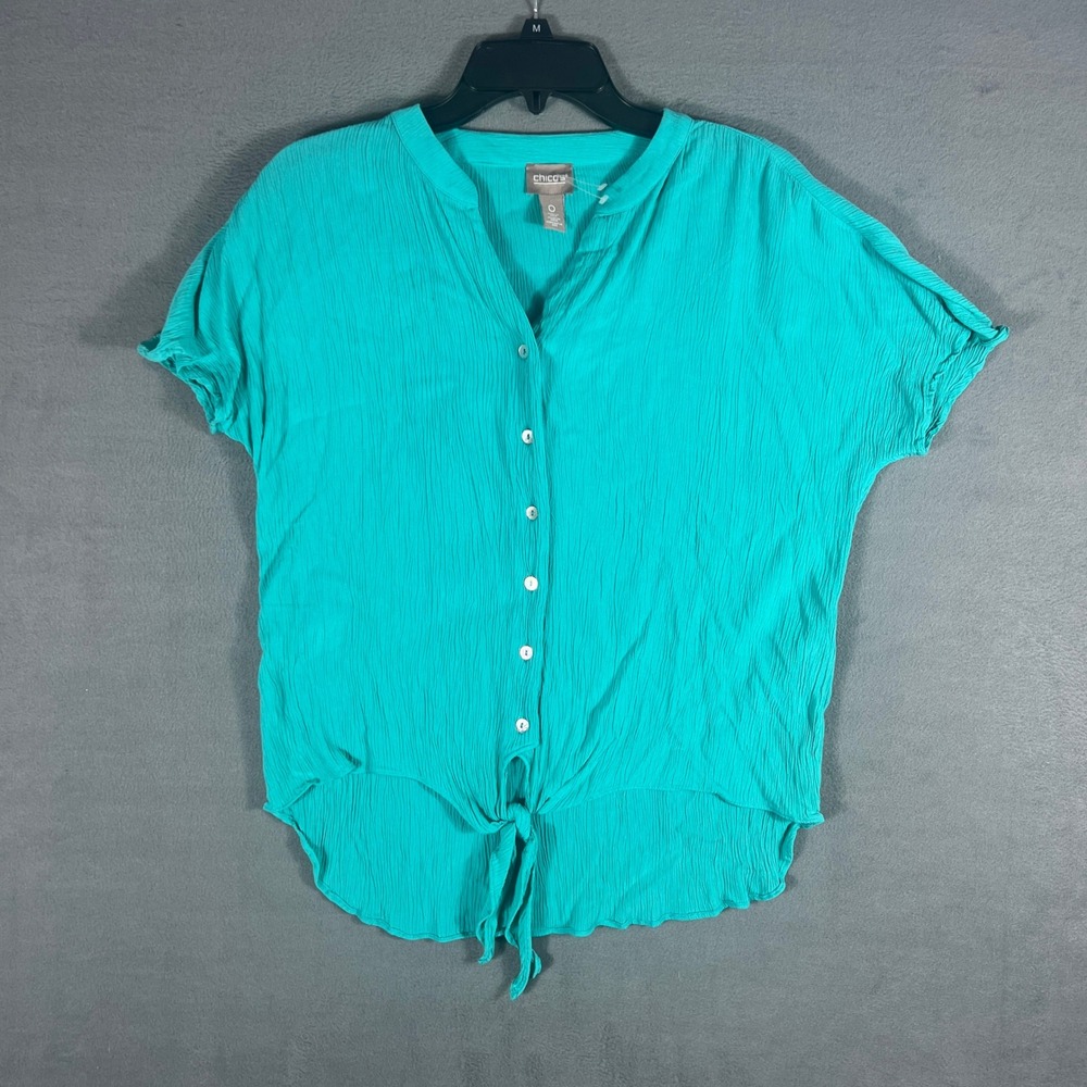 Chico's Womens Button Down Shirt Size 0 Teal Green Crinkle Short Sleeve Tie Hem